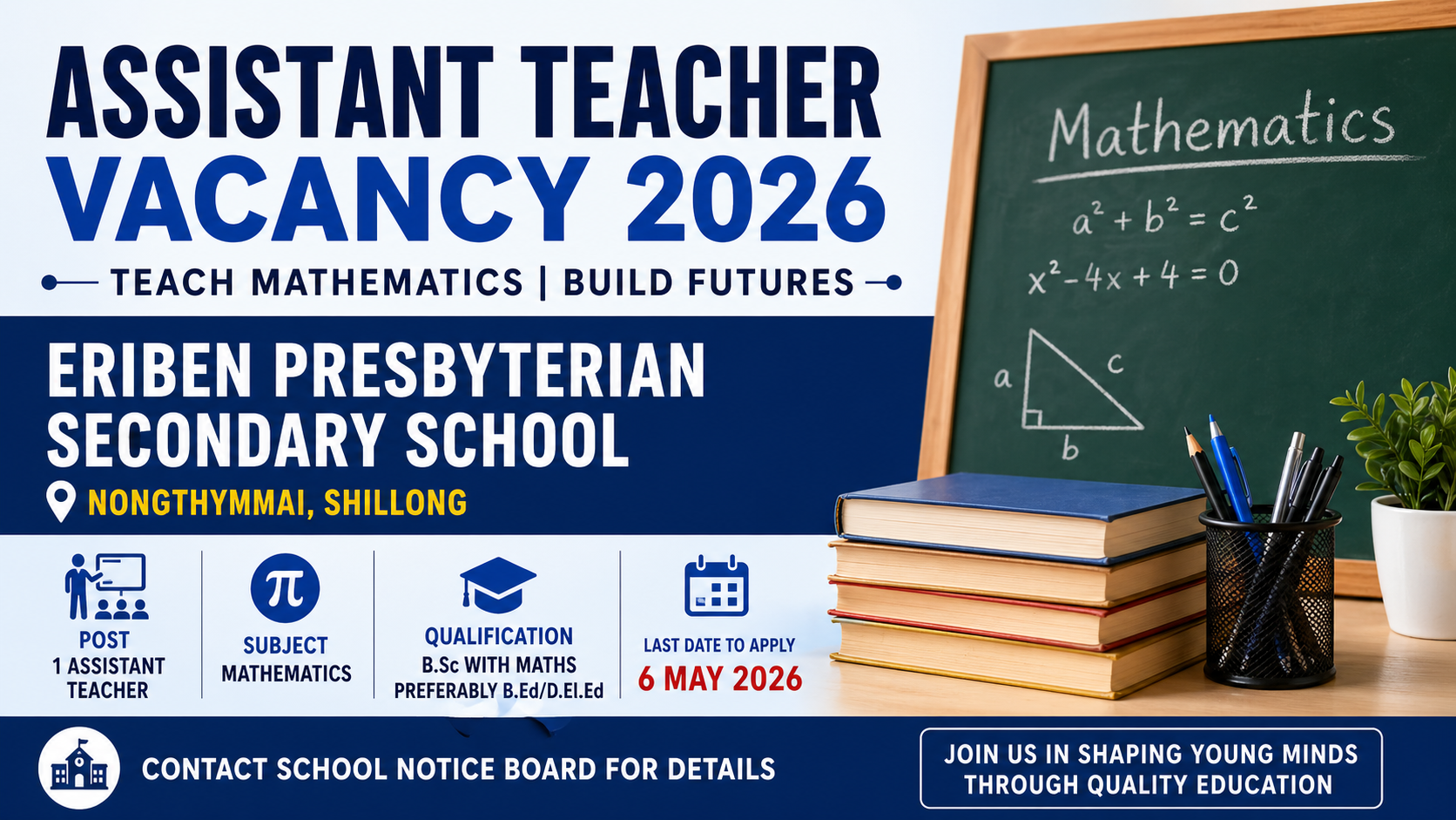 Assistant Teacher Vacancy in Shillong 2026: Apply for Mathematics Post at Eriben Presbyterian Secondary School