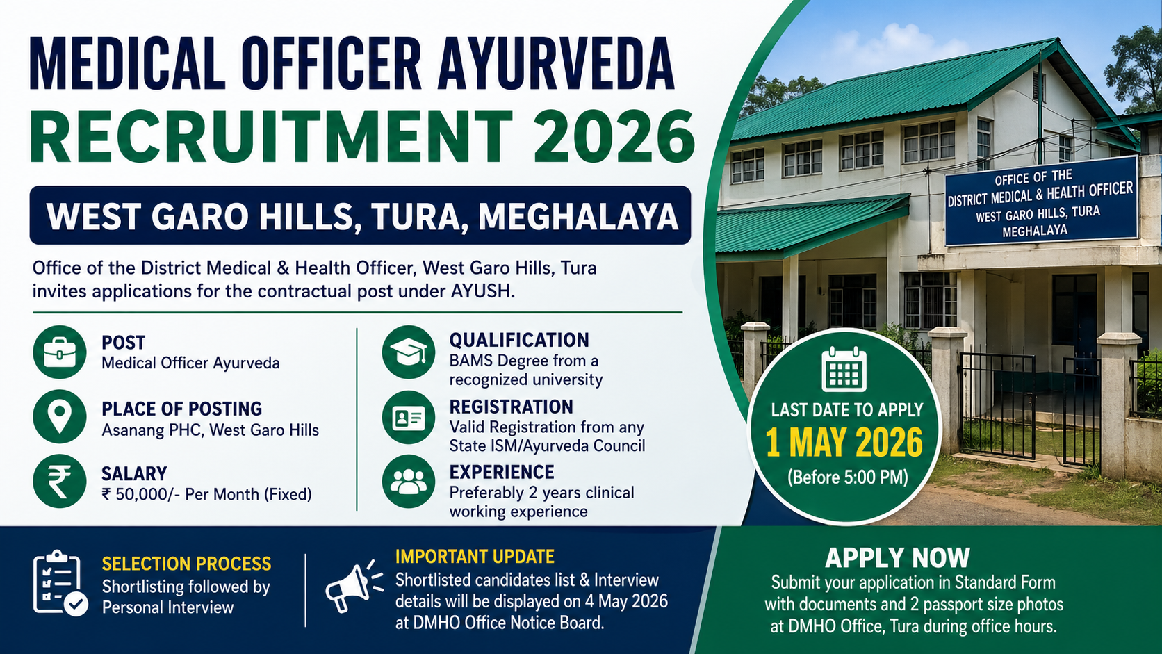 Medical Officer Ayurveda Recruitment 2026 in West Garo Hills Tura Meghalaya: Apply Before 1 May 2026